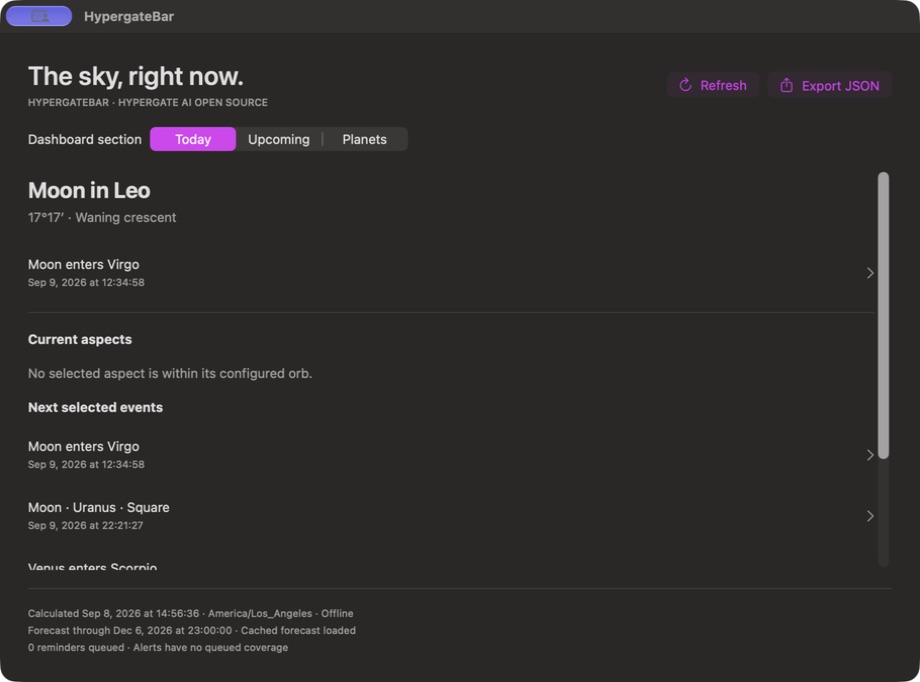 Today Dashboard with Moon sign, phase and the next selected events.