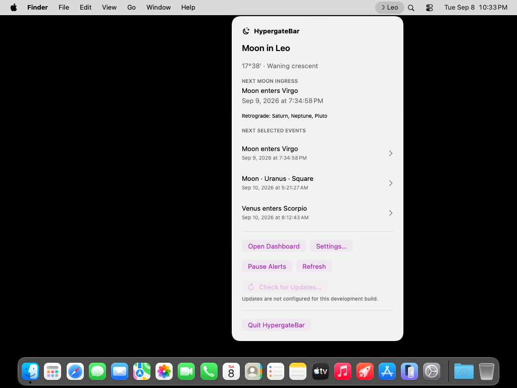 Actual HypergateBar menu popover: Moon in Leo, next Moon ingress, retrograde planets, upcoming events, and app controls.